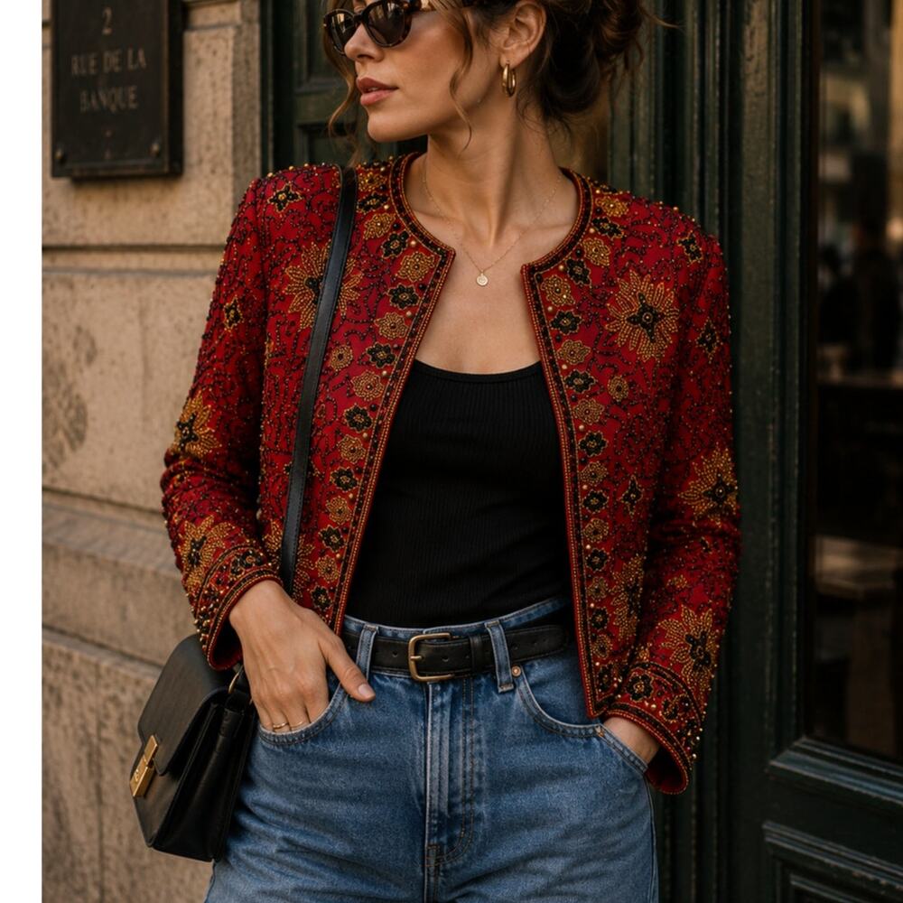 Papell Boutique Vintage 90s Beaded Silk Evening Jacket Red Black Gold M